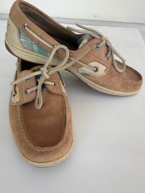 Sperry Top-Sider Bluefish Boat Shoes 8.5 Tan Leather Aqua Plaid Coastal Preppy